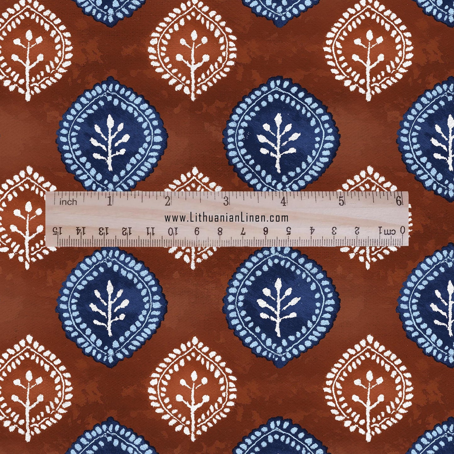 100% LINEN Fabric medallion print - navy brick red block print linen heavy for upholstery home decor - medium for dress making 2786