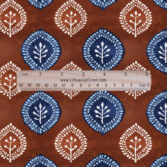 100% LINEN Fabric medallion print - navy brick red block print linen heavy for upholstery home decor - medium for dress making 2786