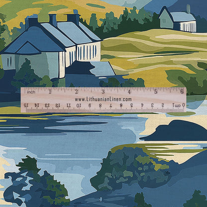 100% LINEN Fabric Countryside scenery -landscape linen fabric with green print - heavy linen fabric for upholstery home decor 2907