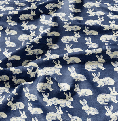 100% LINEN Fabric Rabbit indigo blue  print - bunny linen fabric with blue coastal print for upholstery home decor