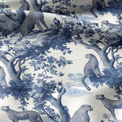 100% linen fabric Leopard print - Vintage toile de jouy blue botanical  - Historical pattern upholstery dress making 3343