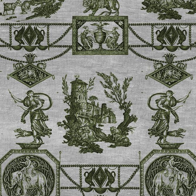 100% LINEN Fabric french green print oatmeal - Goddess Diana with Lion - toile de jouy - Diane chasseresse by Jean-Baptiste Huet 3415