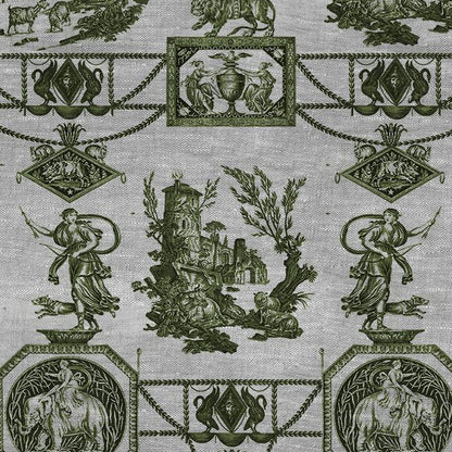 100% LINEN Fabric french green print oatmeal - Goddess Diana with Lion - toile de jouy - Diane chasseresse by Jean-Baptiste Huet 3415