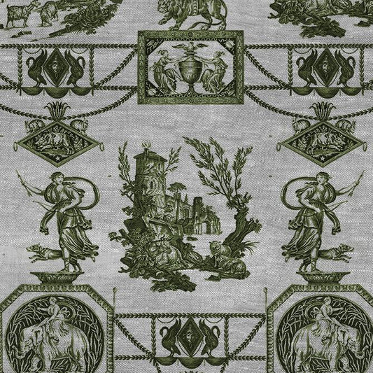 100% LINEN Fabric french green print oatmeal - Goddess Diana with Lion - toile de jouy - Diane chasseresse by Jean-Baptiste Huet 3415