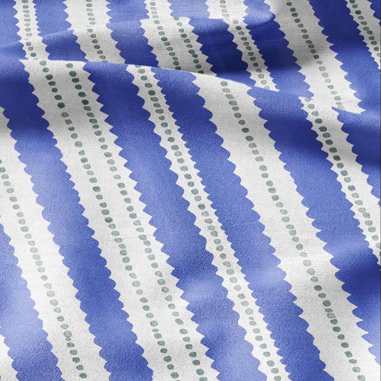 100% LINEN Fabric Scalloped stripe print - retro blue dot stripe - for upholstery home decor - medium for dress making 2884B