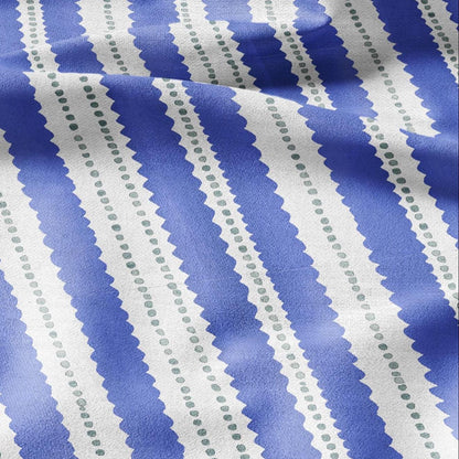 100% LINEN Fabric Scalloped stripe print - retro blue dot stripe - for upholstery home decor - medium for dress making 2884B