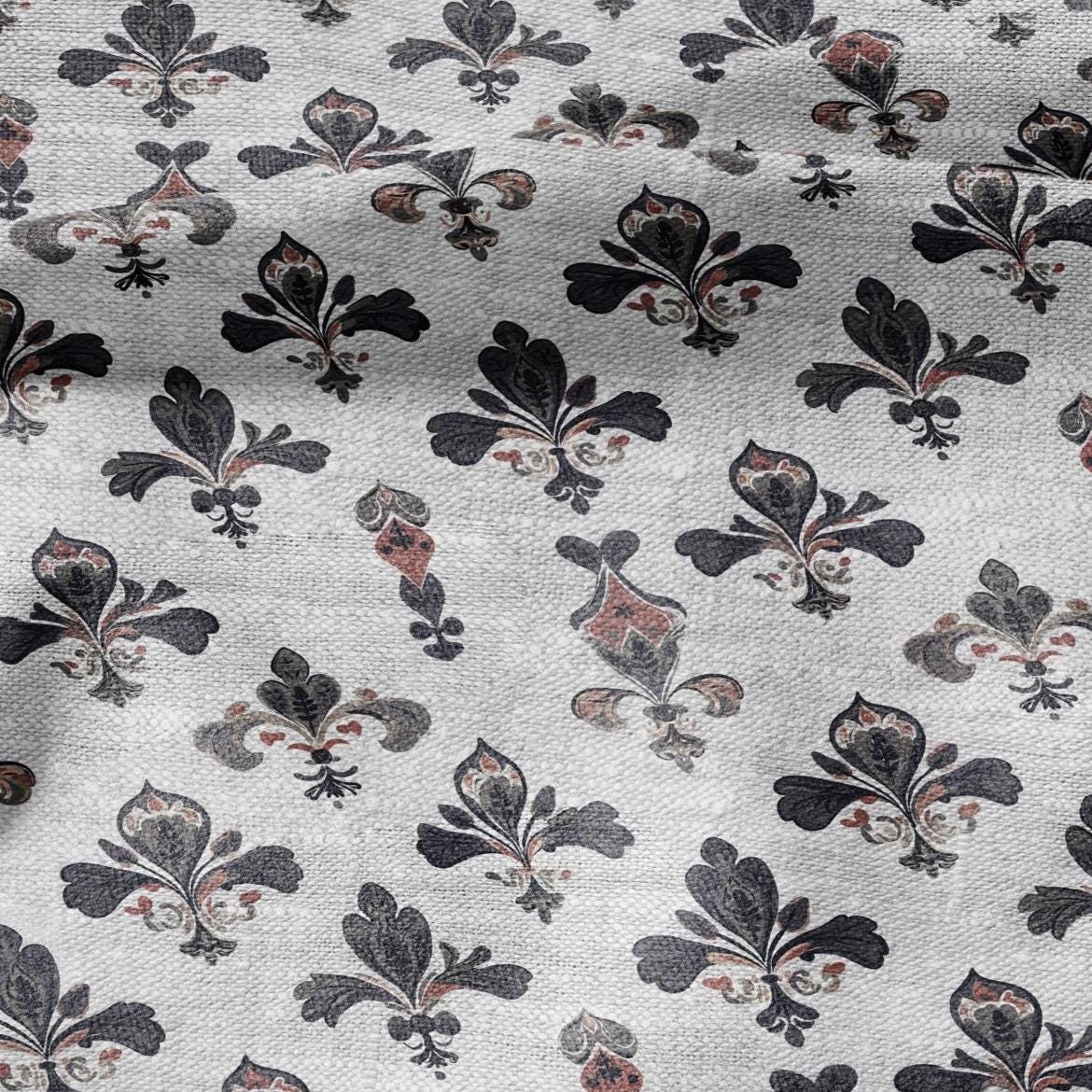 100% LINEN Fabric Fleur de lis print - floral black red gray - for upholstery home decor - medium for dress making 2279