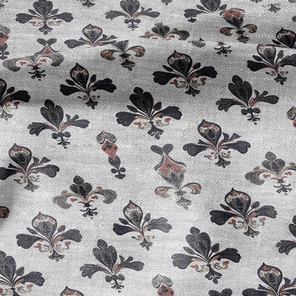 100% LINEN Fabric Fleur de lis print - floral black red gray - for upholstery home decor - medium for dress making 2279