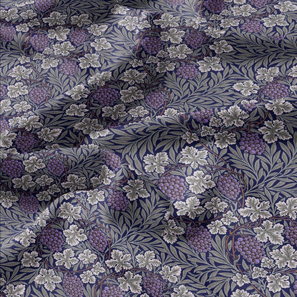 100% LINEN Fabric wine grapes purple from William Morris, Victorian fabric with blue floral print for upholstery home decor in Linen