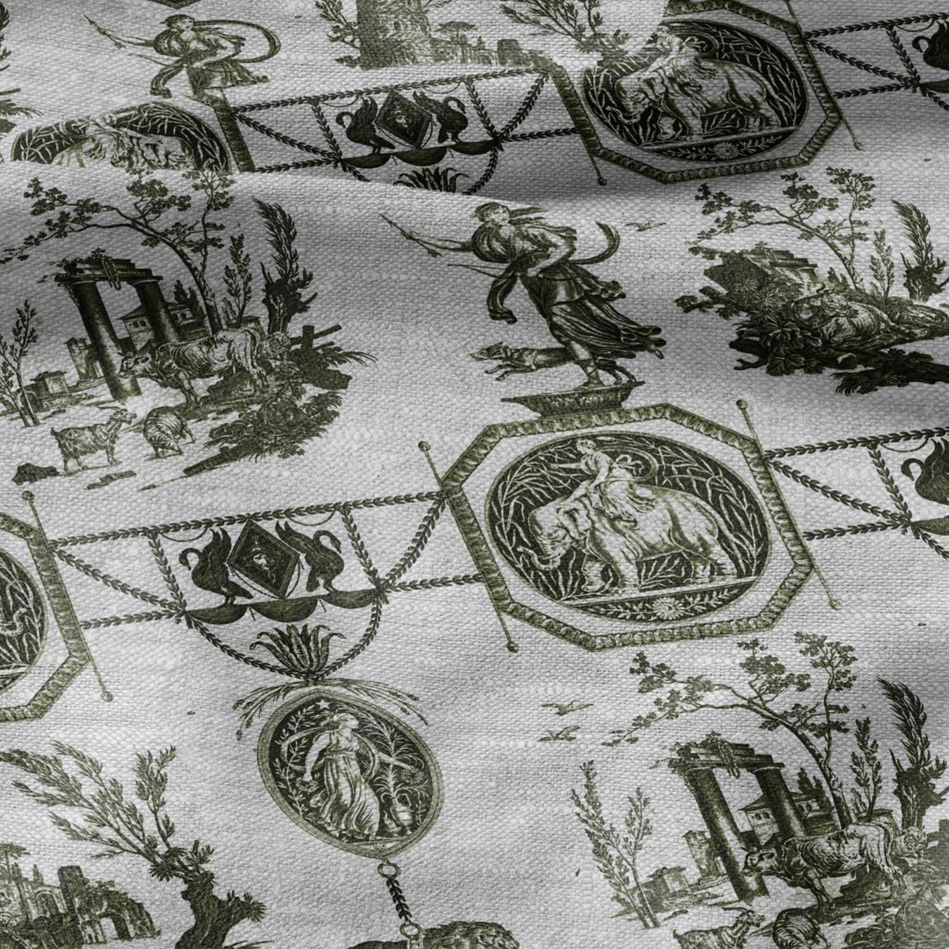 100% LINEN Fabric french green print oatmeal - Goddess Diana with Lion - toile de jouy - Diane chasseresse by Jean-Baptiste Huet 3415