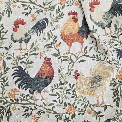 100% LINEN Fabric blue rooster farm on white linen - indigo blue countryside fabric for uphlstery heavy / medium for clothing 2266