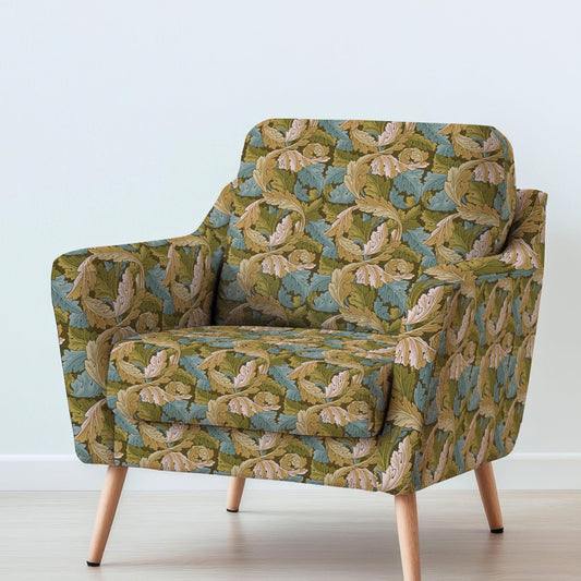 100% LINEN Fabric UPHOLSTERY 12oz - William Morris Acanthus print on linen - Victorian art craft - brown blue leaves floral upholstery 2554