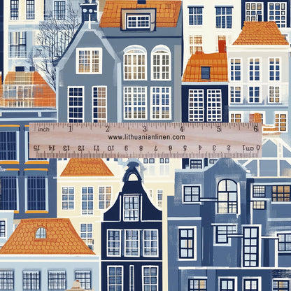 100% LINEN Fabric Amsterdam houses Holand scenery - linen fabric for upholstery home decor tablecloth curtains dress making