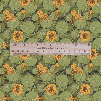 100% linen Nasturtium prints fabric for Curtain Upholstery Cushion - Art deco orange flower print fabric for dress making sewing