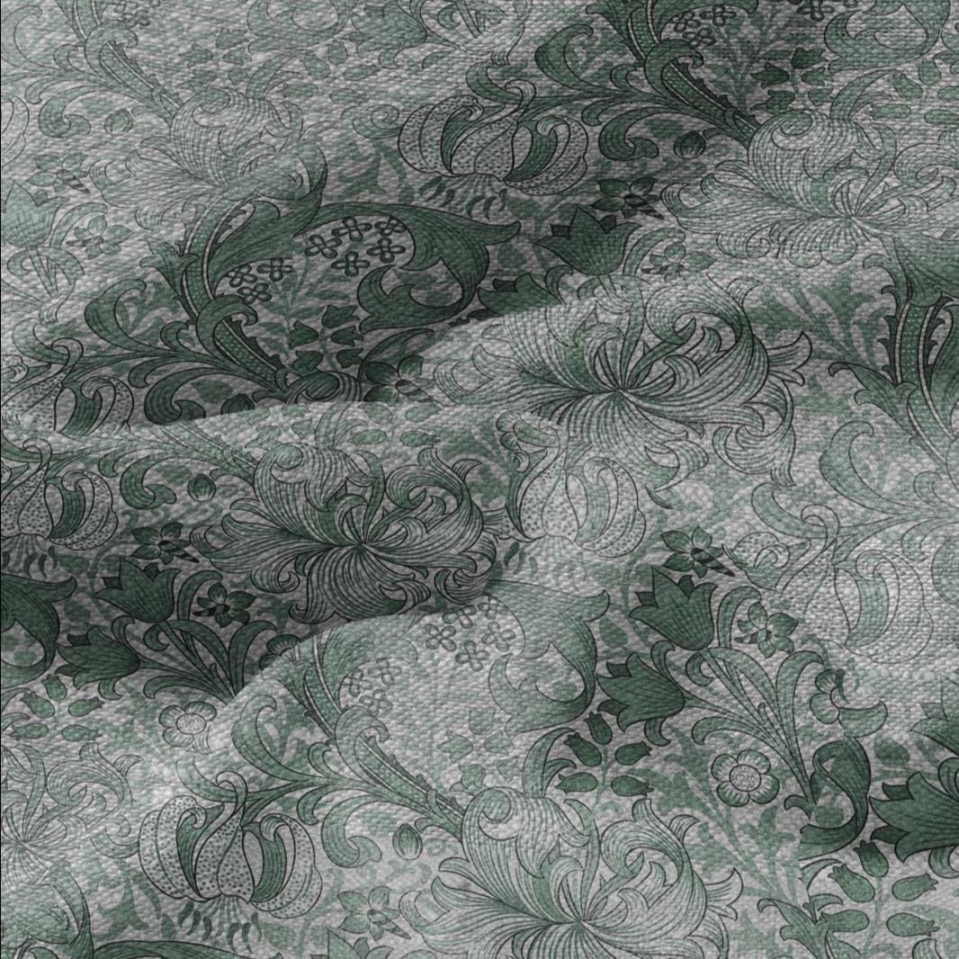 100% LINEN Fabric William Morris Golden Lily sage green - oatmeal linen botanical print - Victorian Art Craft Historical green gray 3234
