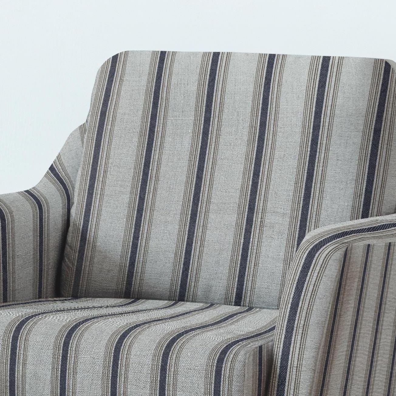 100% LINEN Fabric UPHOLSTERY 12oz - Sack stripe Belgian print on linen - Modern vintage pattern brown navy 2969