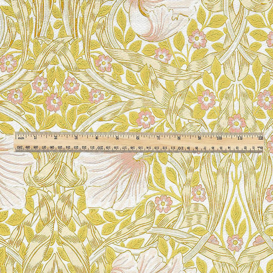 100% LINEN fabric - William Morris Pimpernel yellow pink - British Victorian Art Craft flax - sewing home decor or clothing 3837