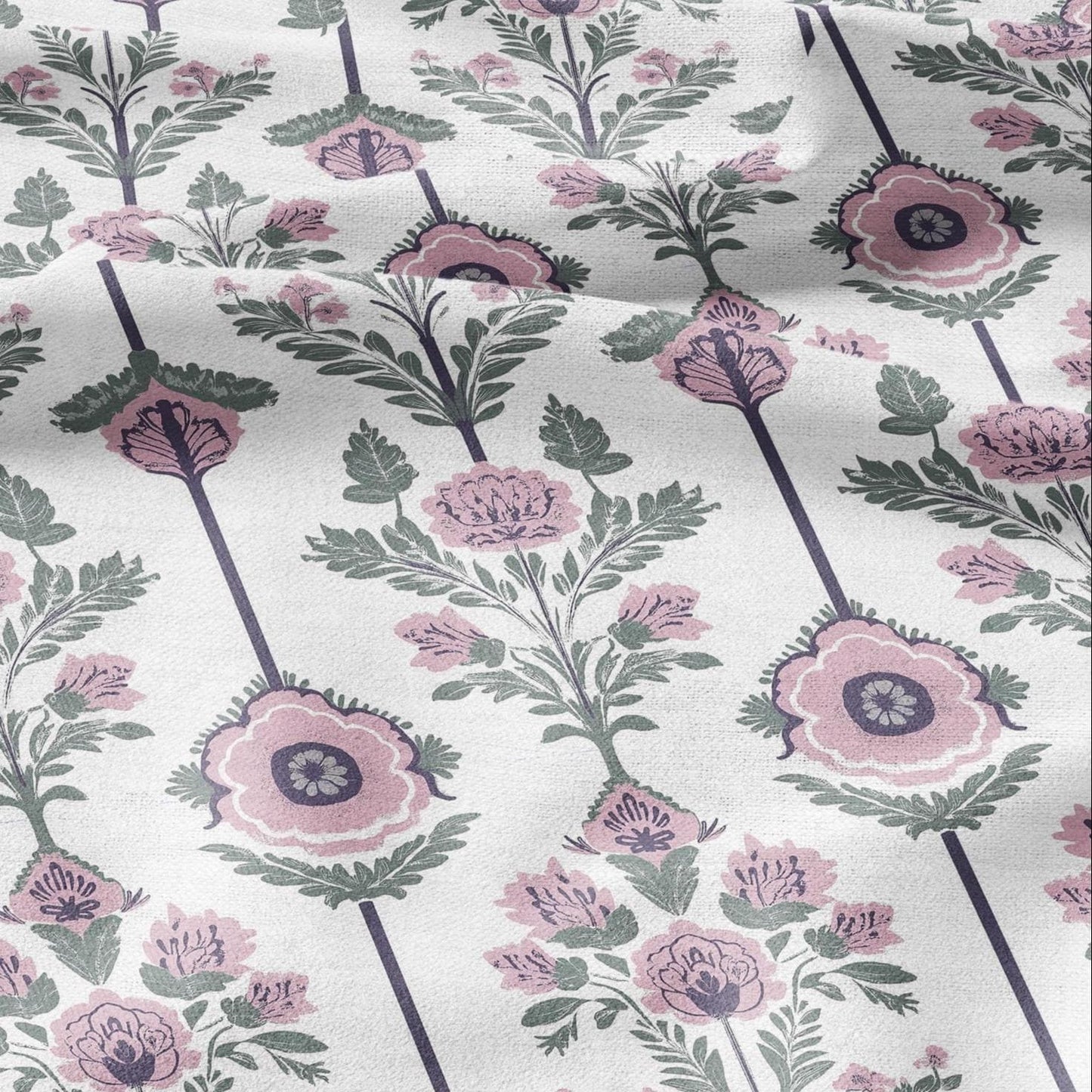 100% LINEN Fabric oriental print - preppy pink green white floral block print - upholstery home decor clothing sewing 2861