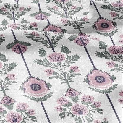 100% LINEN Fabric oriental print - preppy pink green white floral block print - upholstery home decor clothing sewing 2861