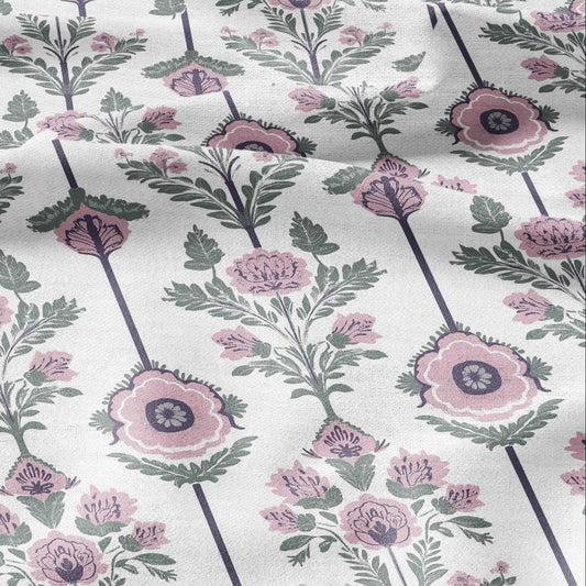 100% LINEN Fabric oriental print - preppy pink green white floral block print - upholstery home decor clothing sewing 2861