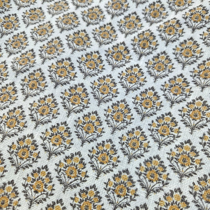 100% LINEN Fabric block print mustard brown yellow on white - heavy linen fabric upholstery home decor or medium for clothing 2513 Vadodara