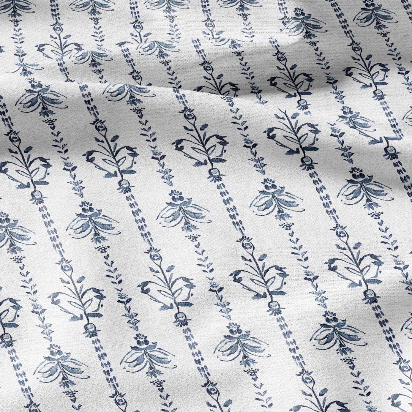100% LINEN Fabric stripe print blue linen - floral fabric for upholstery home decor dress making 2359