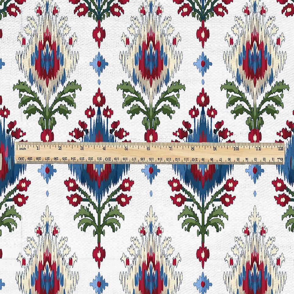100% linen fabric Ikat red blue green white print - Vintage flower abstract  botanical - modern vintage 3407