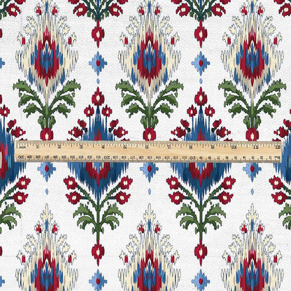 100% linen fabric Ikat red blue green white print - Vintage flower abstract  botanical - modern vintage 3407