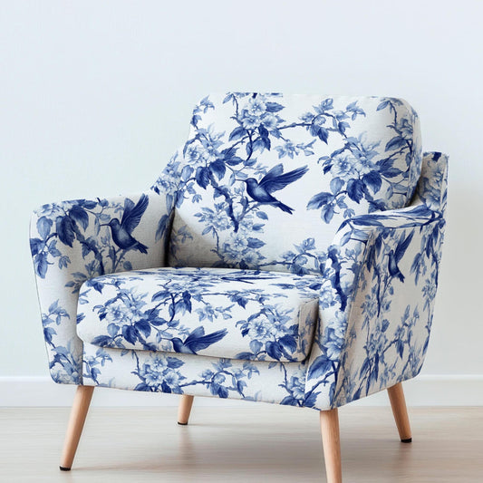 100% LINEN Fabric UPHOLSTERY 12oz - Humminbird blue white print on linen - tree blossom scenery floral upholstery 2280