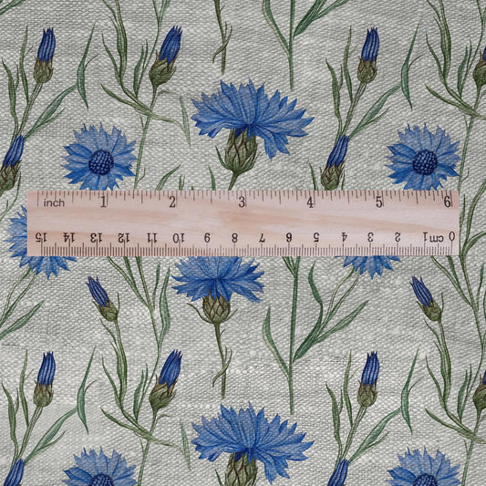 100% LINEN Fabric Blue cornflower print - Modern vintage blossom floral botanical - heavy linen fabric for upholstery home decor 3039