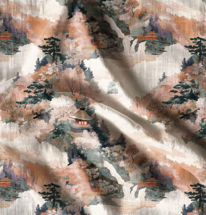 100% LINEN Fabric Kyoto in autumn print,  linen fabric withJapanese scenery print, heavy linen fabric for upholstery home decor
