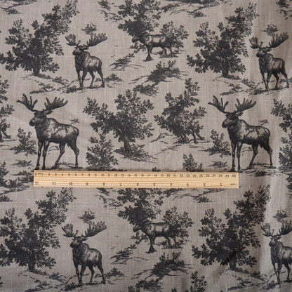 100% LINEN Fabric Toile de Jouy with Moose in forest - botanical fabric black print - linen floral fabric upholstery curtains dress making