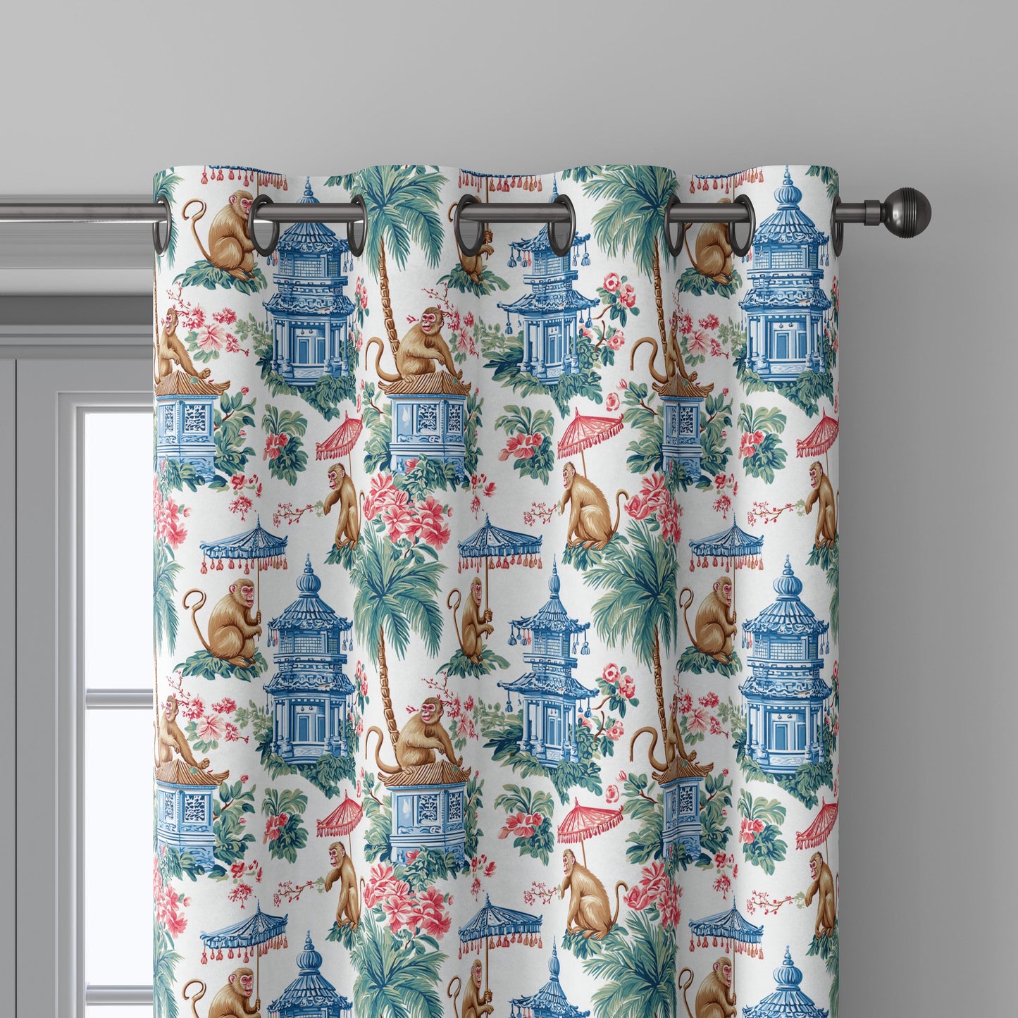 100% linen fabric Monkey with umbrella print - Vintage toile de jouy chinoiserie botanical  - Historical pagoda garden 3338