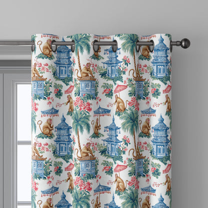 100% linen fabric Monkey with umbrella print - Vintage toile de jouy chinoiserie botanical  - Historical pagoda garden 3338