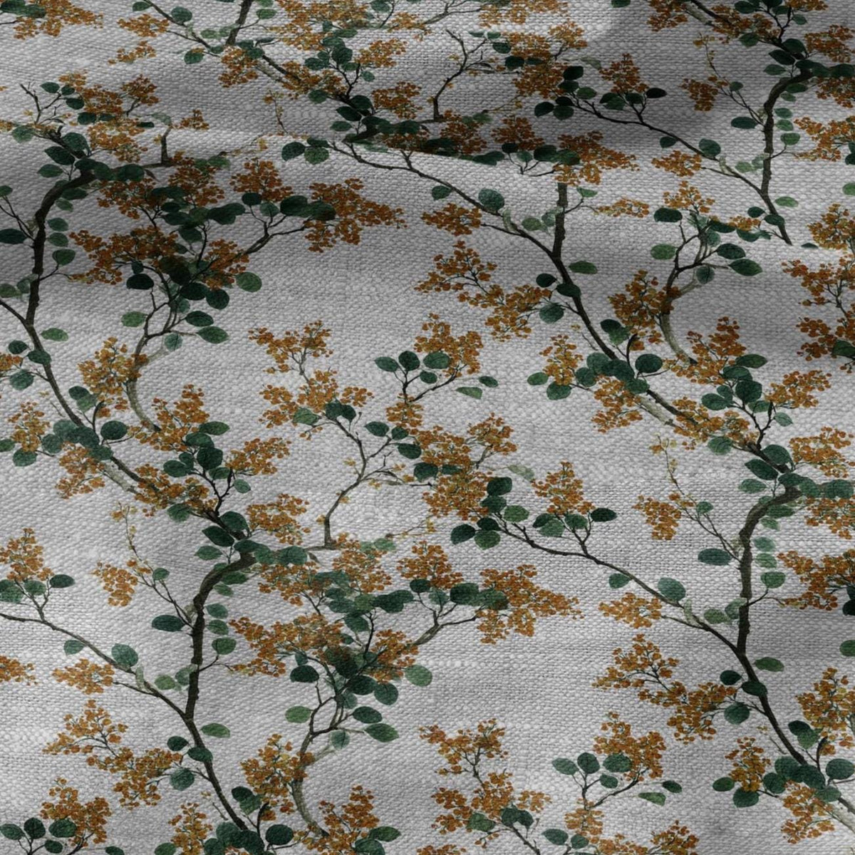 100% LINEN Fabric yellow mimosa blossom print - oatmeal linen fabric with floral botanical print - modern vintage 3057