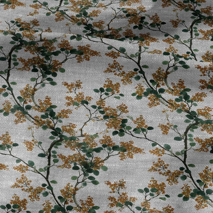 100% LINEN Fabric yellow mimosa blossom print - oatmeal linen fabric with floral botanical print - modern vintage 3057