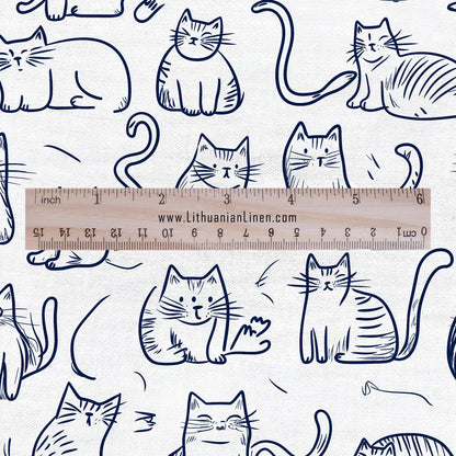 100% LINEN Fabric Cat print - Animal Modern vintage blue - upholstery curtains dress making 2140