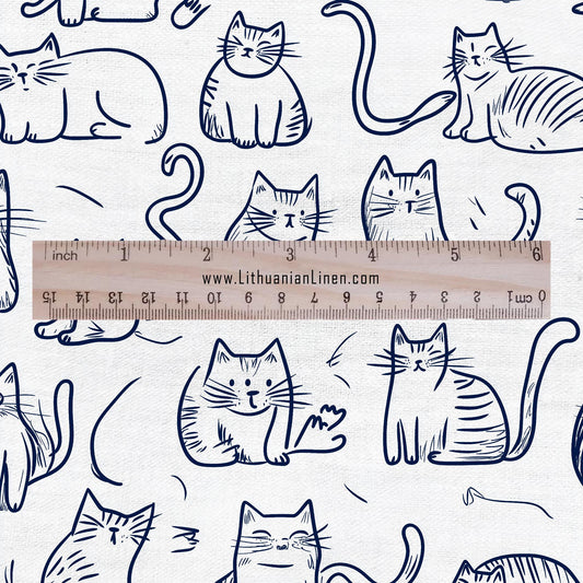100% LINEN Fabric Cat print - Animal Modern vintage blue - upholstery curtains dress making 2140