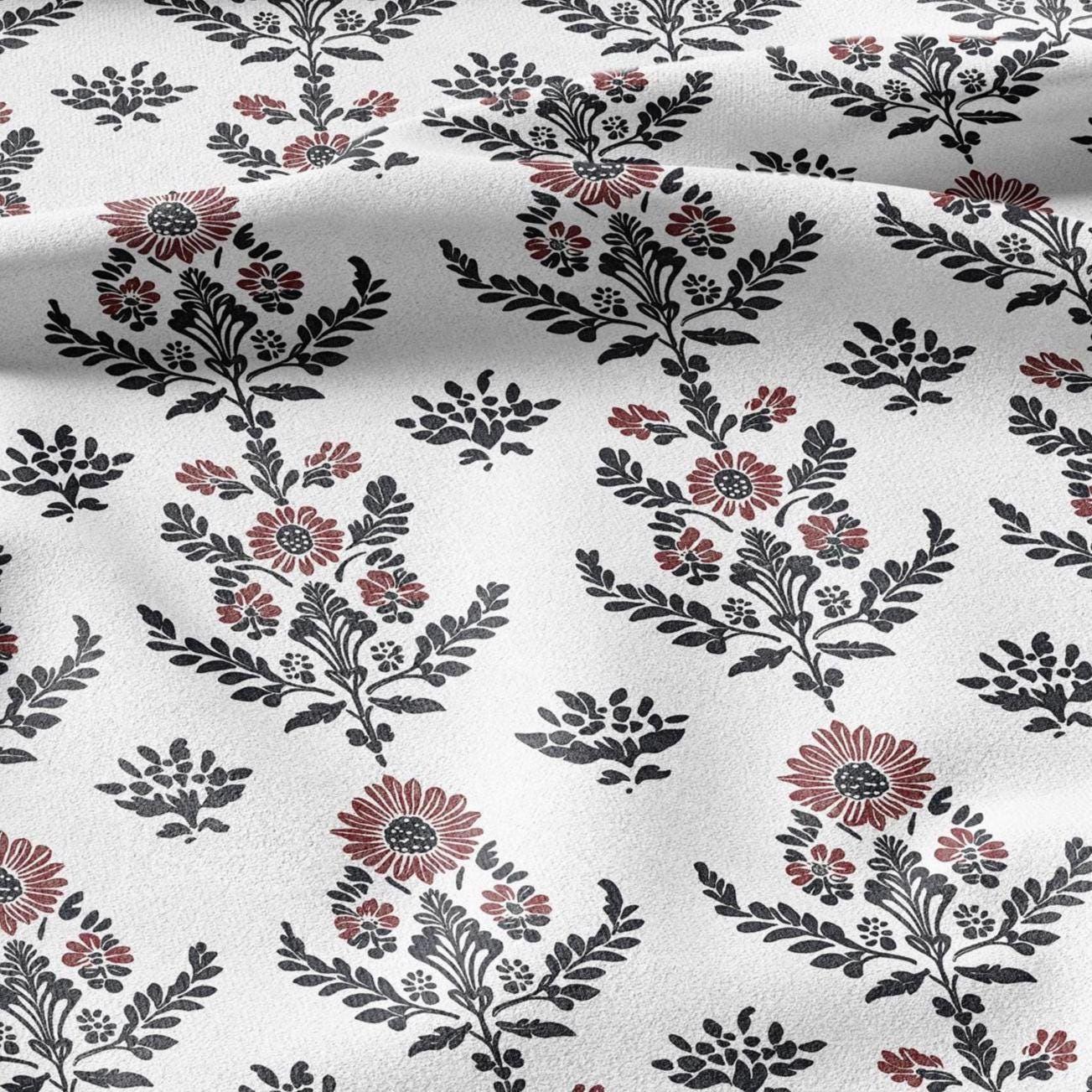 100% LINEN Fabric black red block print - floral fabric for upholstery home decor dress making 2138