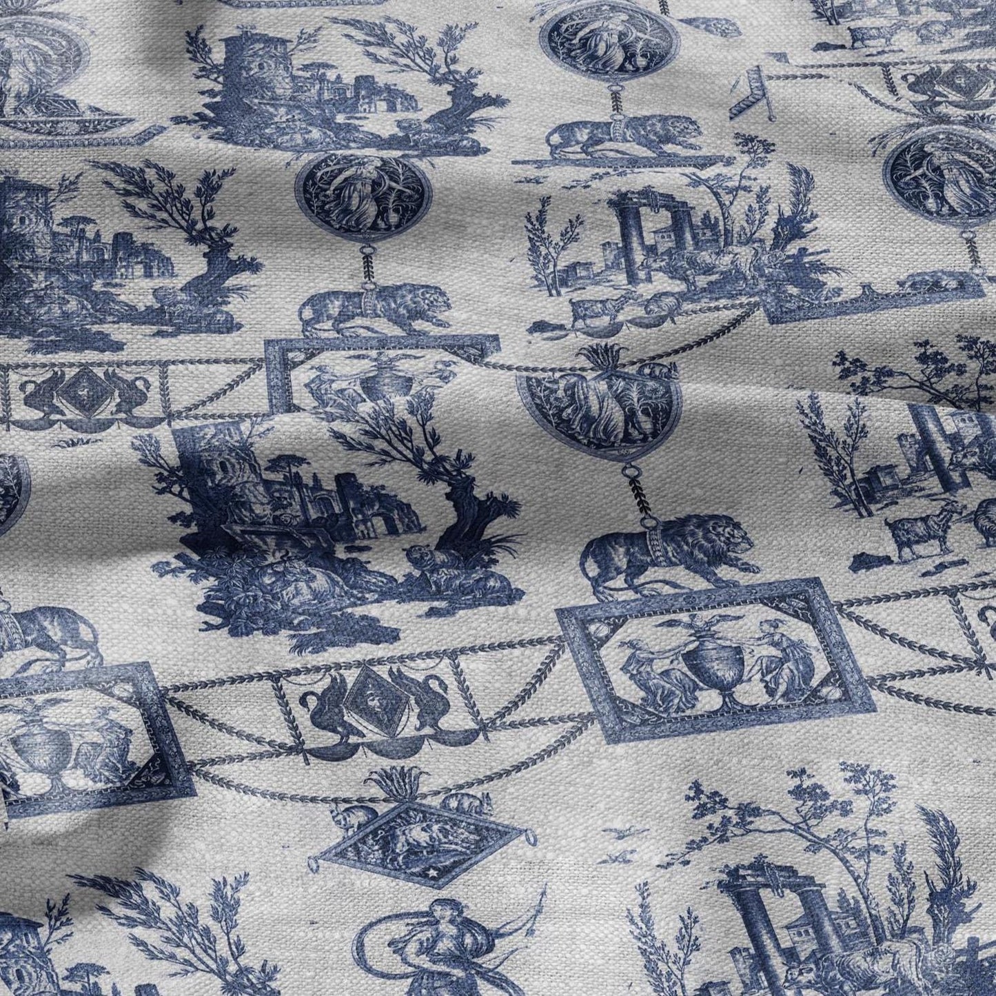 100% LINEN Fabric french blue print oatmeal - Goddess Diana with Lion - toile de jouy - Diane chasseresse by Jean-Baptiste Huet 3413