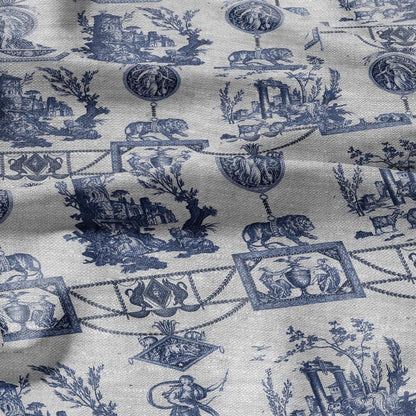 100% LINEN Fabric french blue print oatmeal - Goddess Diana with Lion - toile de jouy - Diane chasseresse by Jean-Baptiste Huet 3413