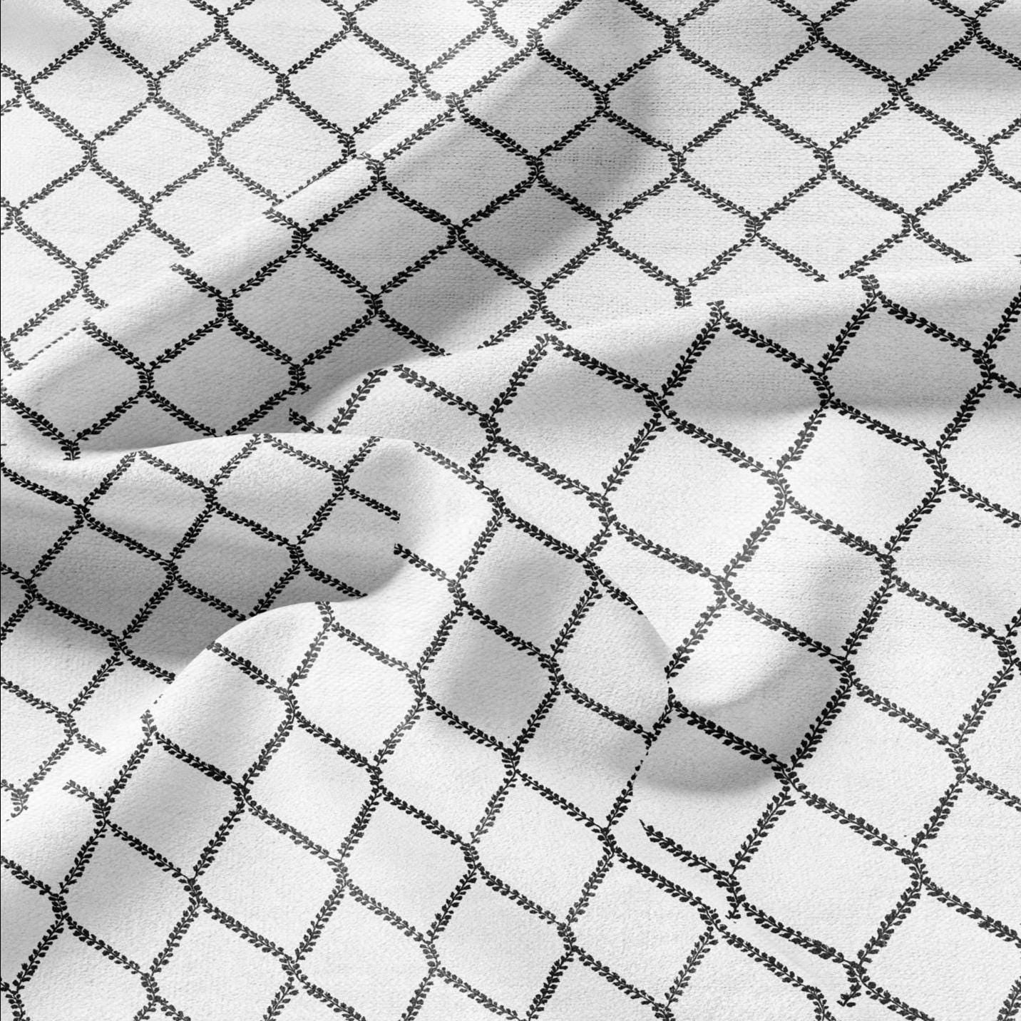 100% LINEN Fabric Herritage trellis print - Grandmillennial Modern vintage black - upholstery curtains dress making 3018