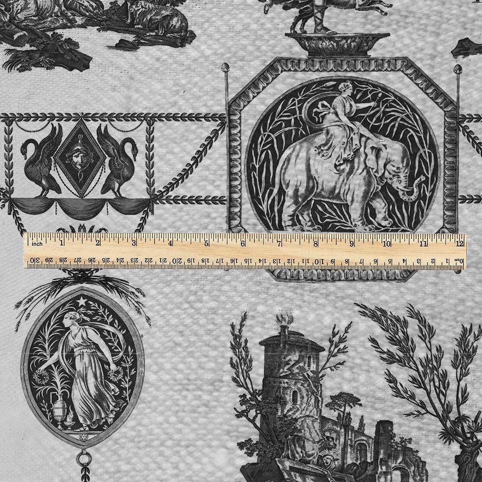 100% LINEN Fabric french blakc print oatmeal - Goddess Diana with Lion - toile de jouy - Diane chasseresse by Jean-Baptiste Huet 3420