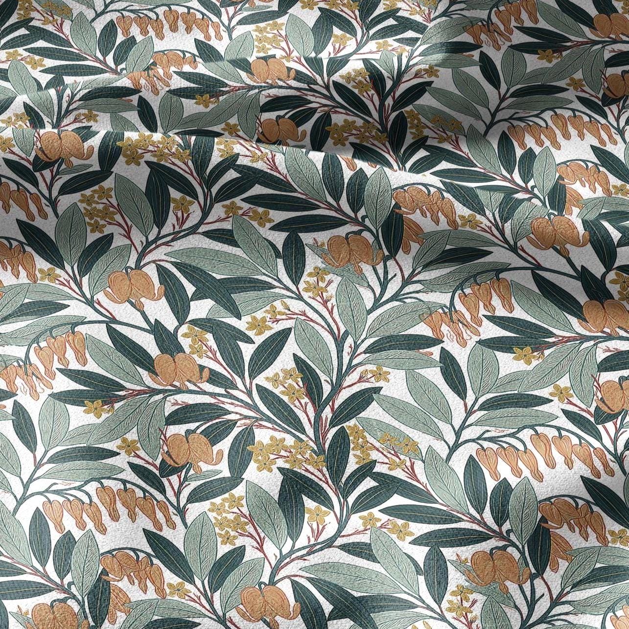 100% linen fabric Bleeding Hearts print - Vintage modern floral botanical pattern 3391