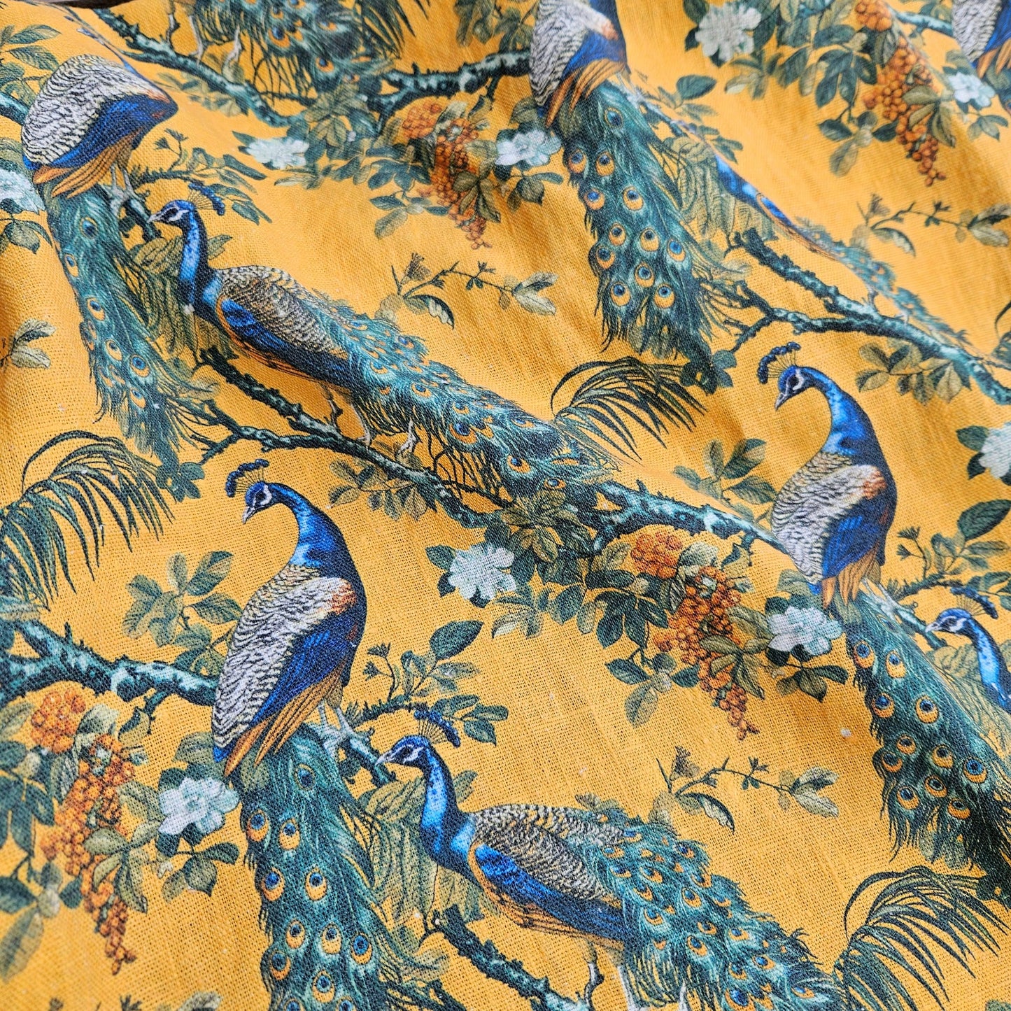 100% LINEN Fabric oriental print with peacock - toile de jouy botanical mustard yellow - upholstery home decor clothing  sewing 316