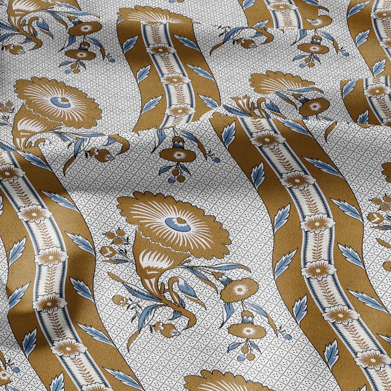 100% LINEN Fabric Vintage floral squirl stripe print - Modern botanical - Victorian Art Craft yellow yellow 3162