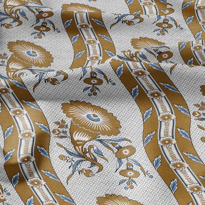 100% LINEN Fabric Vintage floral squirl stripe print - Modern botanical - Victorian Art Craft yellow yellow 3162