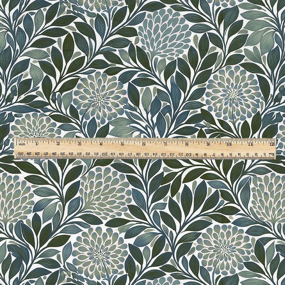 100% linen fabric greenfloral print - Vintage flower blossom botanical - modern vintage 3396