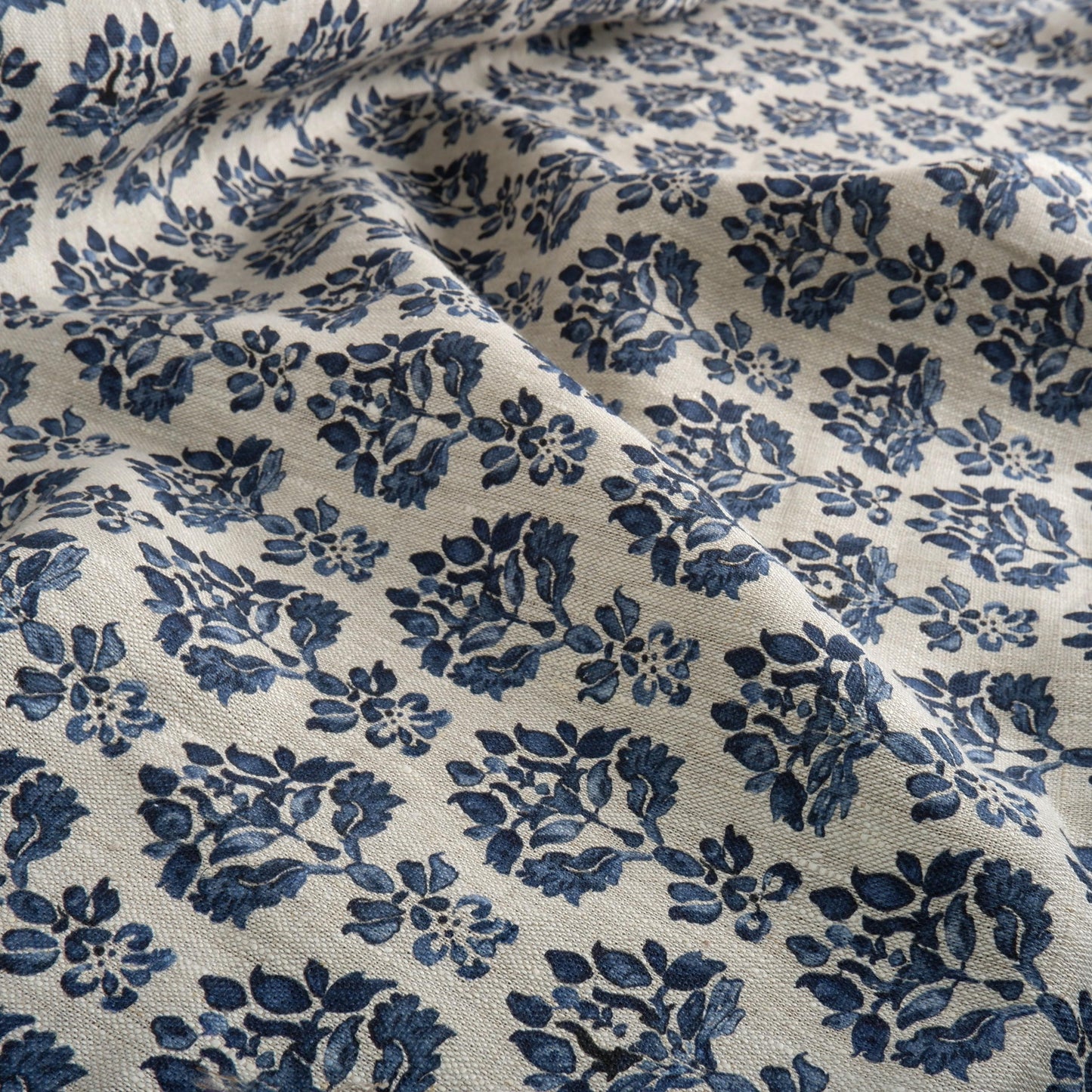 100% LINEN Fabric indigo blue block print - oatmeal neutral fabric with blue floral print - linen for upholstery home decor dressmaking 389