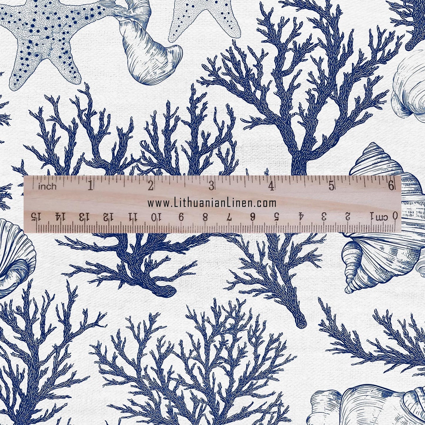 100% LINEN Fabric corals & shells print linen - coastal fabric for upholstery home decor dress making 2364